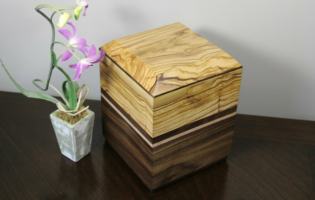 Olive Wood and Black Walnut Wooden Cremation Urn Handmade Olive Wood and Black Walnut Wooden Cremation Urn