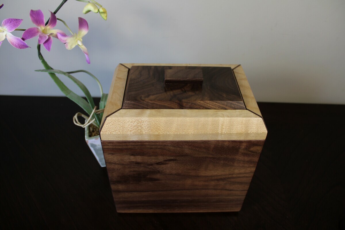 Black Walnut & Figured Maple with Receptacle for Keepsakes Black Walnut & Figured Maple with Receptacle for Keepsakes